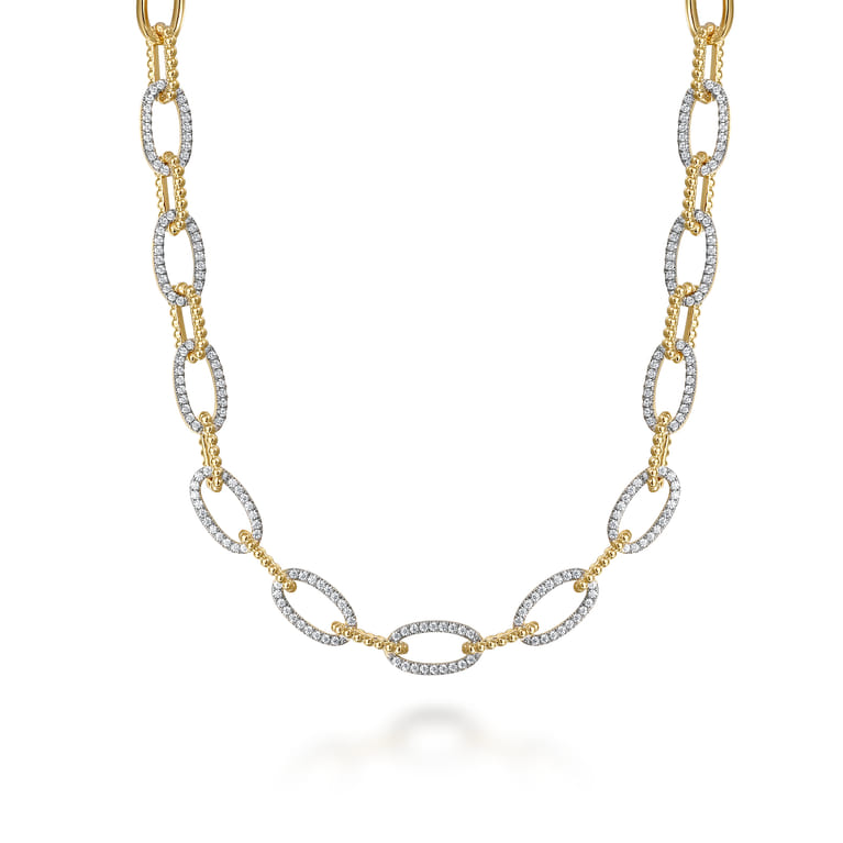14K Yellow Gold Oval Link Chain Necklace with Pave Diamond Link Stations - 1.4 ct - Shot 1