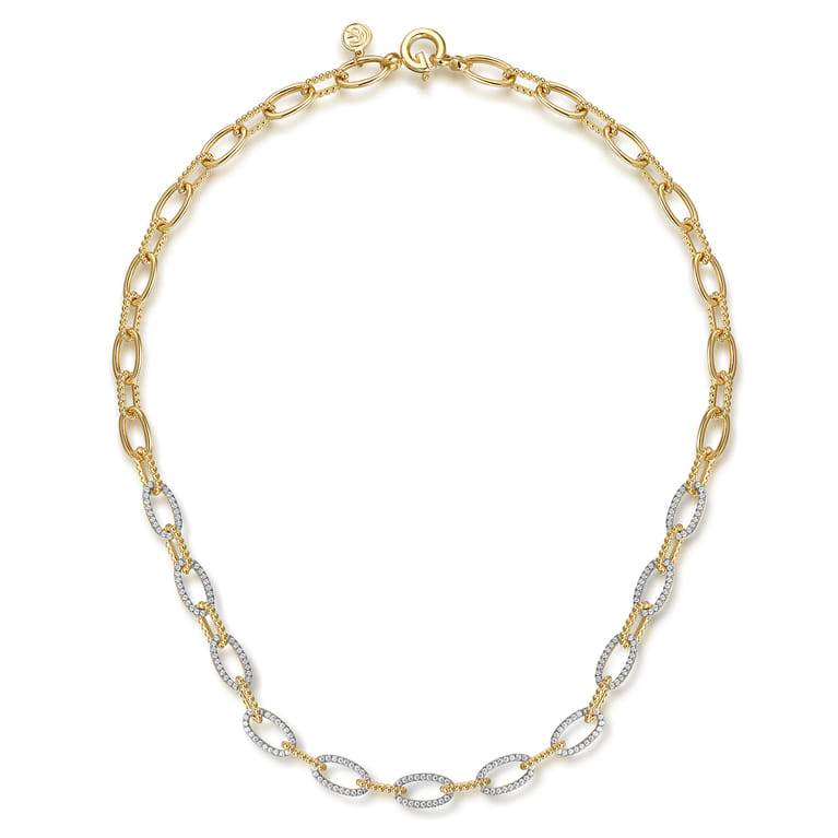 14K Yellow Gold Oval Link Chain Necklace with Pave Diamond Link Stations - 1.4 ct - Shot 2