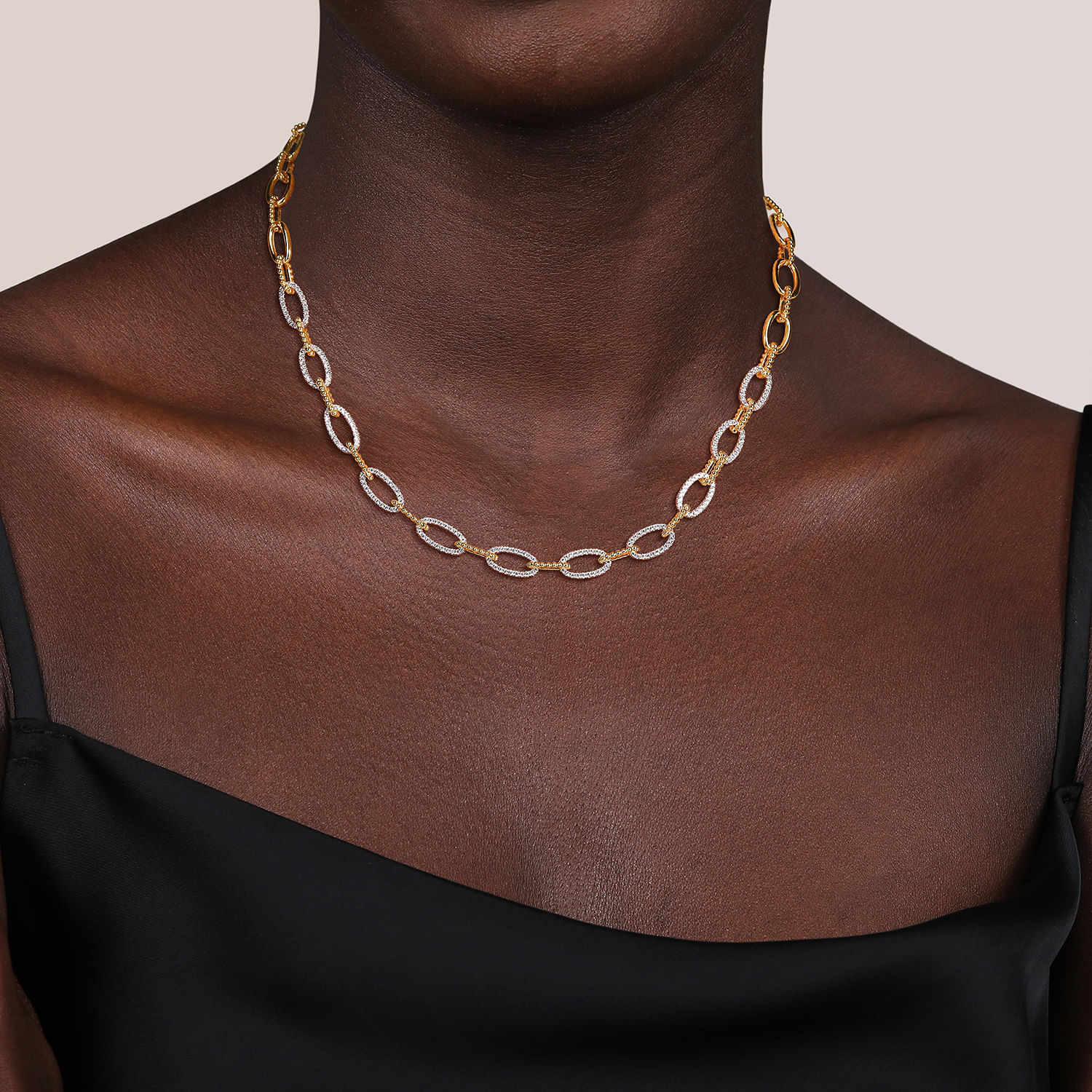 14K Yellow Gold Oval Link Chain Necklace with Pave Diamond Link Stations