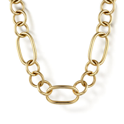 14K Yellow Gold Oval Link Chain Necklace wth Circle Stations