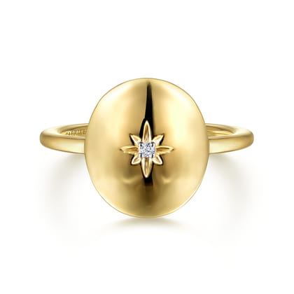 14K Yellow Gold Oval Medallion Ring with Diamond Star Center
