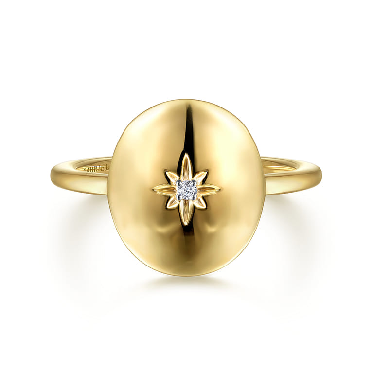14K Yellow Gold Oval Medallion Ring with Diamond Star Center - 0.01 ct - Shot 1
