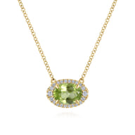 14K Yellow Gold Oval Peridot and Diamond Halo Pendant Necklace