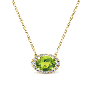 14K Yellow Gold Oval Peridot and Diamond Halo Pendant Necklace