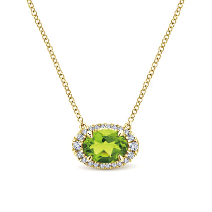 14K Yellow Gold Oval Peridot and Diamond Halo Pendant Necklace