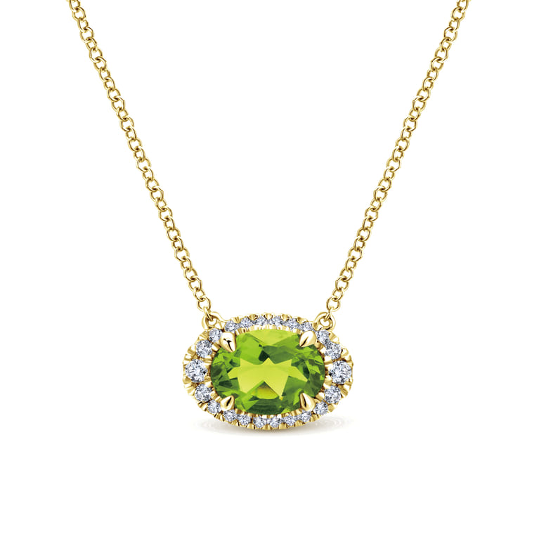 14K Yellow Gold Oval Peridot and Diamond Halo Pendant Necklace - 0.14 ct - Shot 1