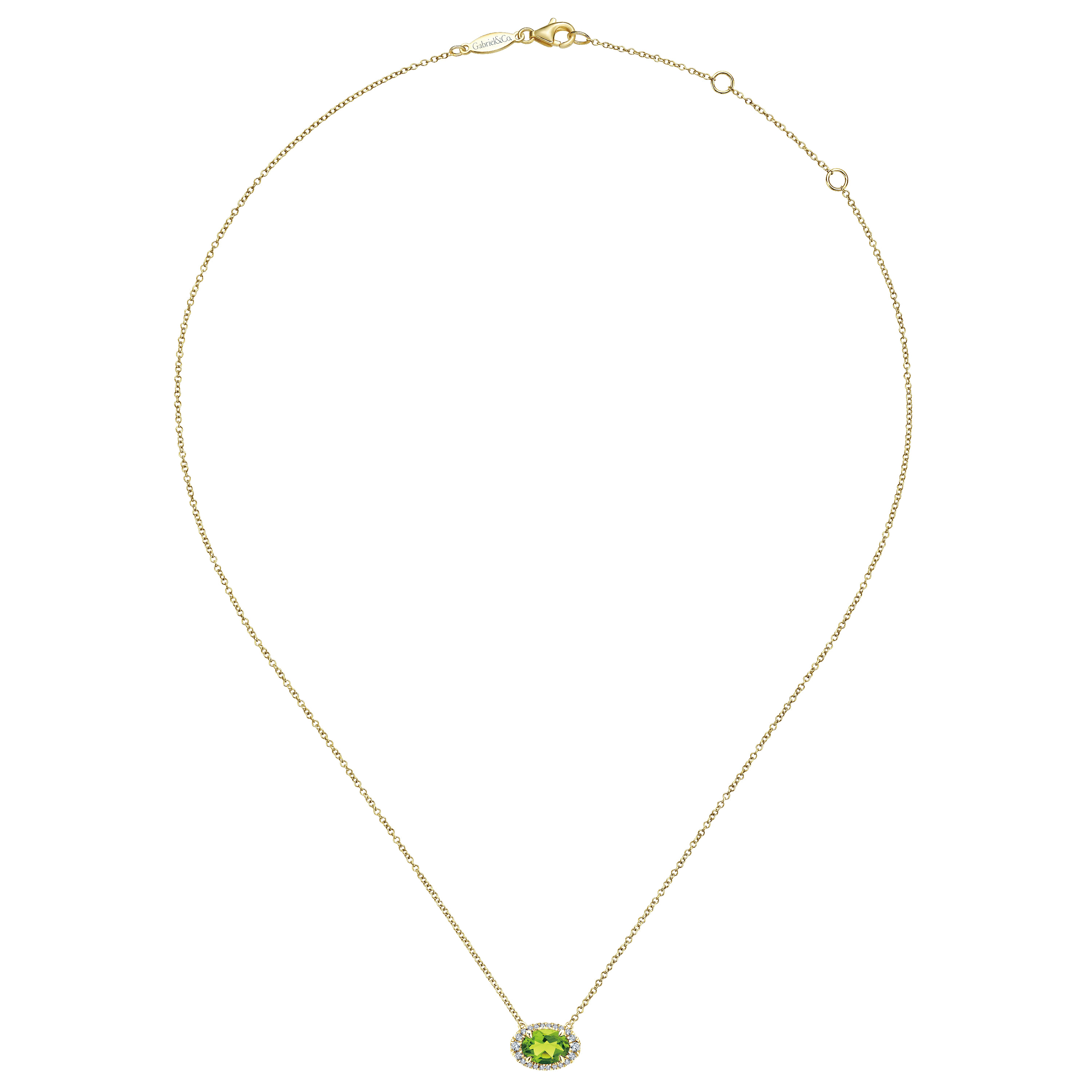 14K Yellow Gold Oval Peridot and Diamond Halo Pendant Necklace