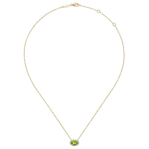 14K Yellow Gold Oval Peridot and Diamond Halo Pendant Necklace