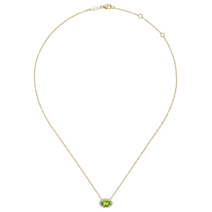 14K Yellow Gold Oval Peridot and Diamond Halo Pendant Necklace
