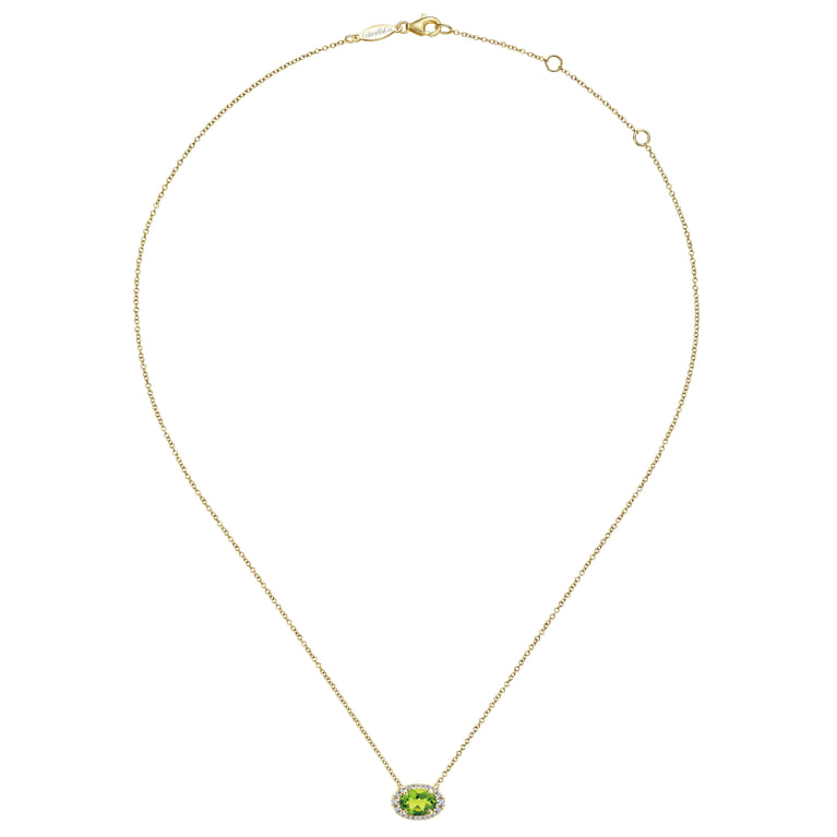 14K Yellow Gold Oval Peridot and Diamond Halo Pendant Necklace - 0.14 ct - Shot 2