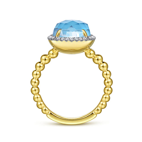 14K Yellow Gold Oval Rock Crystal Turquoise and Diamond Halo Ring - 0.16 ct - Shot 2