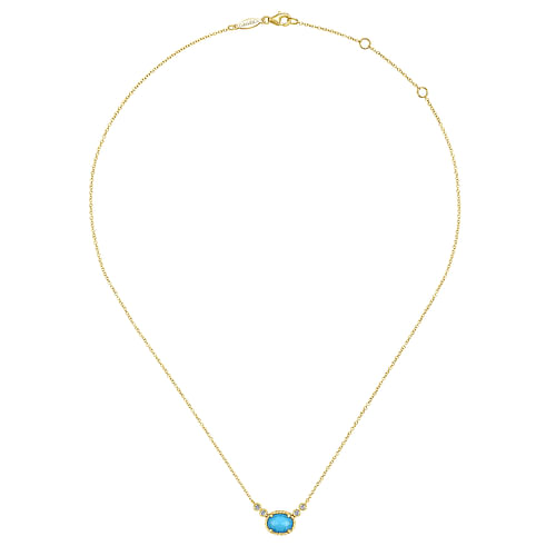 14K Yellow Gold Oval Rock Crystal Turquoise and Diamond Pendant Necklace - 0.06 ct - Shot 2