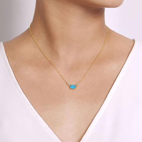 14K Yellow Gold Oval Rock Crystal Turquoise and Diamond Pendant Necklace - 0.06 ct - Shot 3