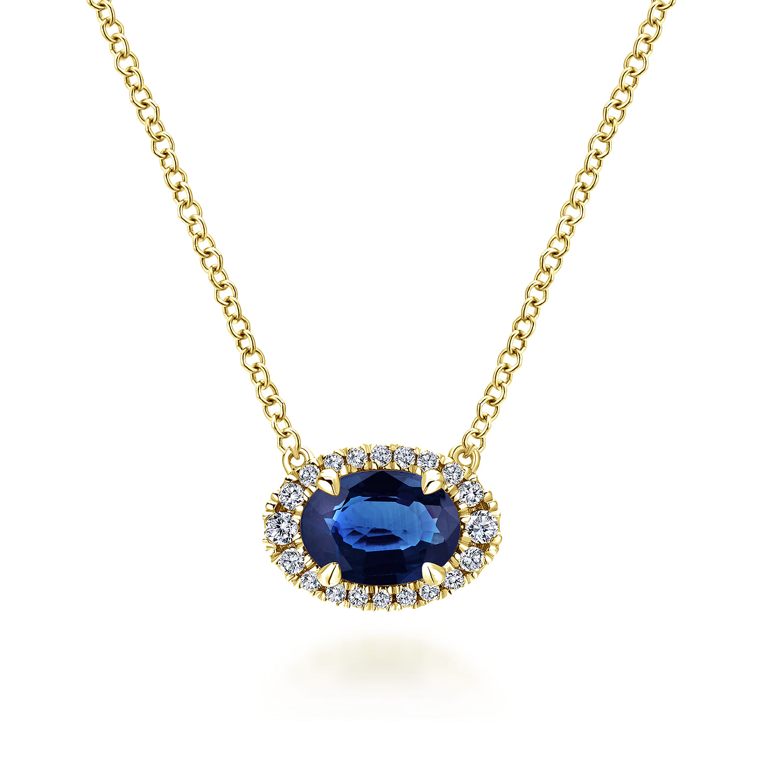 14K Yellow Gold Oval Sapphire and Diamond Halo Pendant Necklace - 0.12 ct - Shot 1