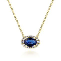 14K Yellow Gold Oval Sapphire and Diamond Halo Pendant Necklace