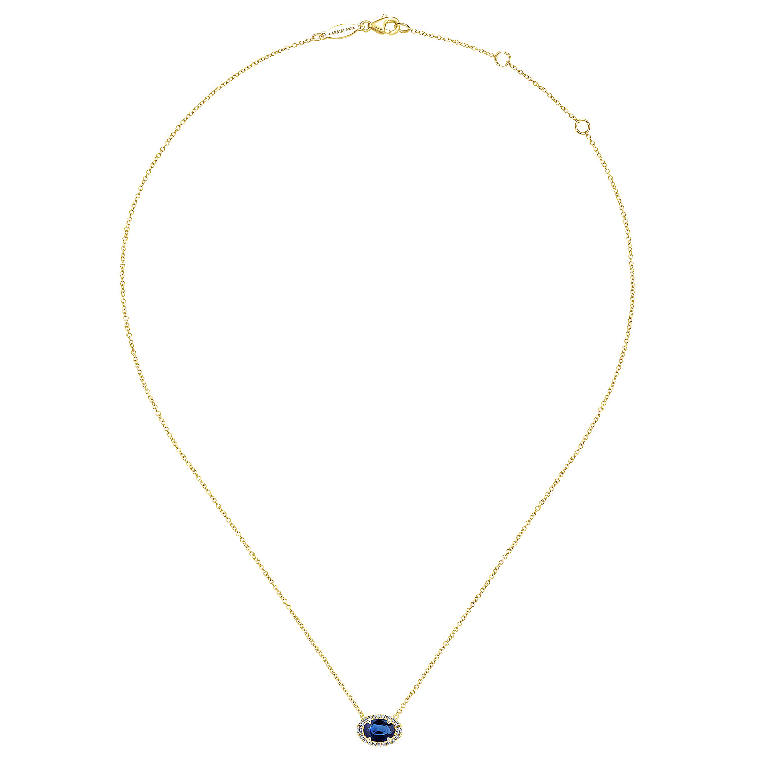 14K Yellow Gold Oval Sapphire and Diamond Halo Pendant Necklace - 0.12 ct - Shot 2