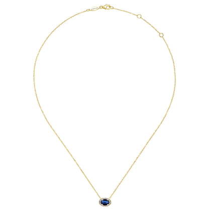 14K Yellow Gold Oval Sapphire and Diamond Halo Pendant Necklace