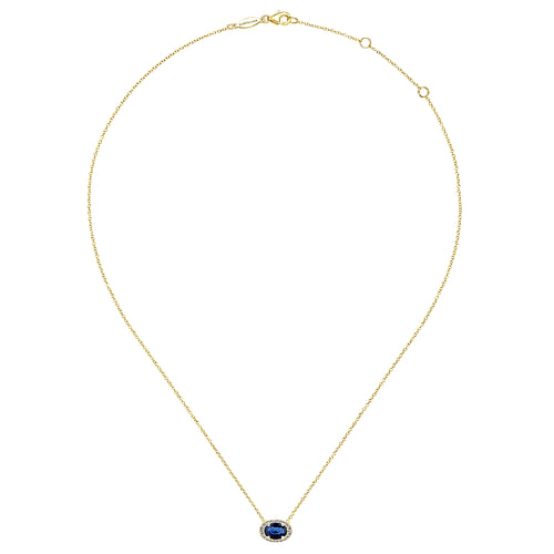 14K Yellow Gold Oval Sapphire and Diamond Halo Pendant Necklace - 0.12 ct - Shot 2