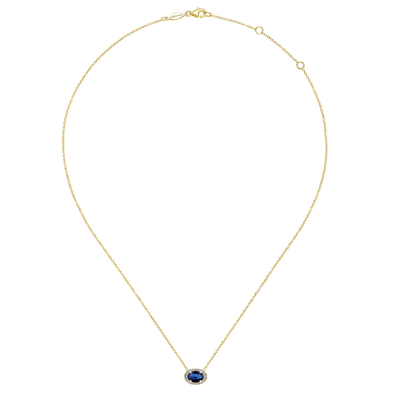 14K Yellow Gold Oval Sapphire and Diamond Halo Pendant Necklace - 0.12 ct - Shot 2