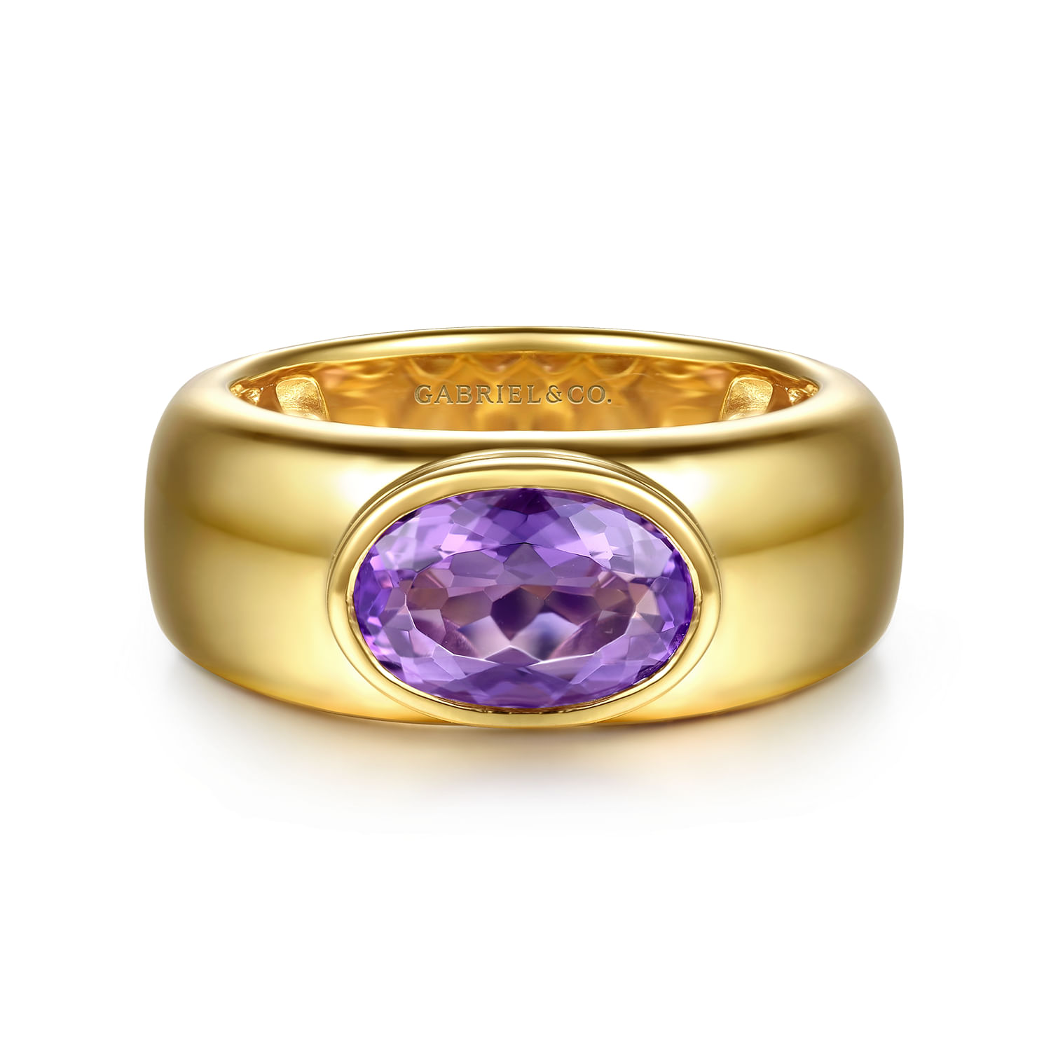 14K Yellow Gold Oval Shape Amethyst Wide Band Ring