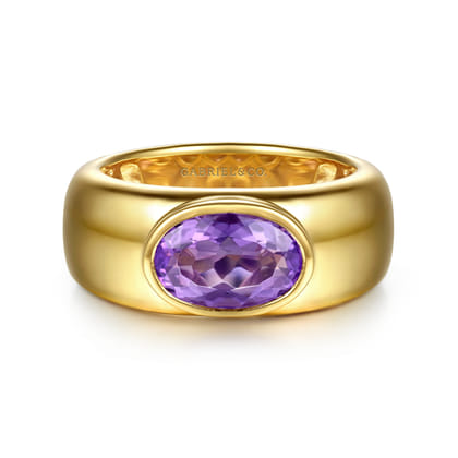 14K Yellow Gold Oval Shape Amethyst Wide Band Ring