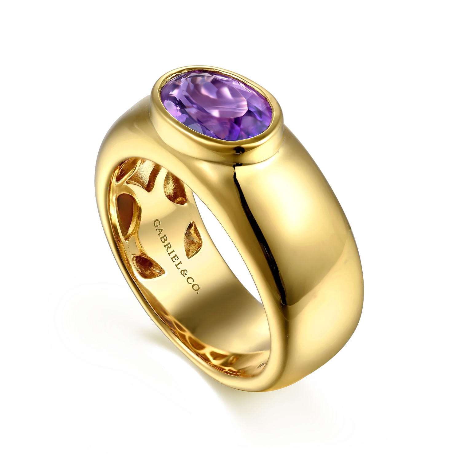 14K Yellow Gold Oval Shape Amethyst Wide Band Ring