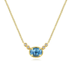 14K Yellow Gold Oval Swiss Blue Topaz Pendant Necklace with Diamond Accents