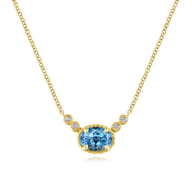 14K Yellow Gold Oval Swiss Blue Topaz Pendant Necklace with Diamond Accents
