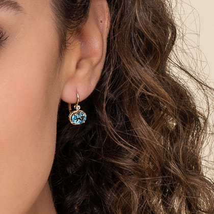 14K Yellow Gold Oval Swiss Blue Topaz and Diamond Leverback Earrings
