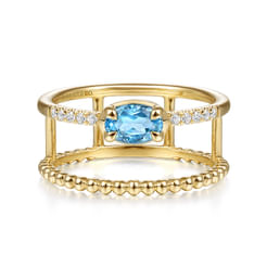 14K Yellow Gold Oval Swiss Blue Topaz and Diamond Split Shank Ring