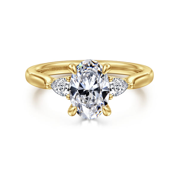 Oval Three Stone Lotus Diamond Engagement Ring in Yellow Gold
