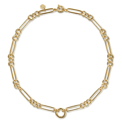 14K Yellow Gold Paper Clip Chain Necklace with Circle Stations
