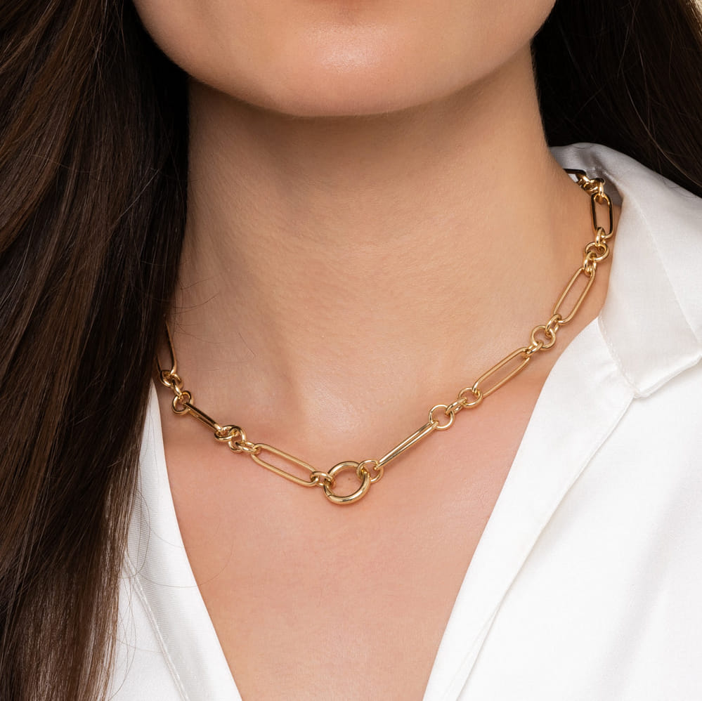 14K Yellow Gold Paper Clip Chain Necklace with Circle Stations - Shot 4