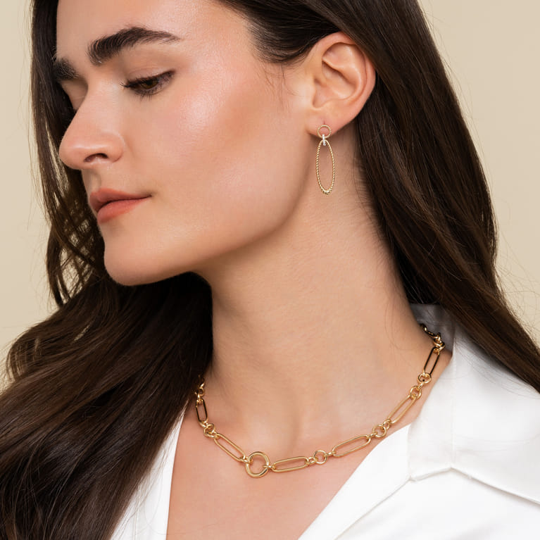 14K Yellow Gold Paper Clip Chain Necklace with Circle Stations - Shot 5