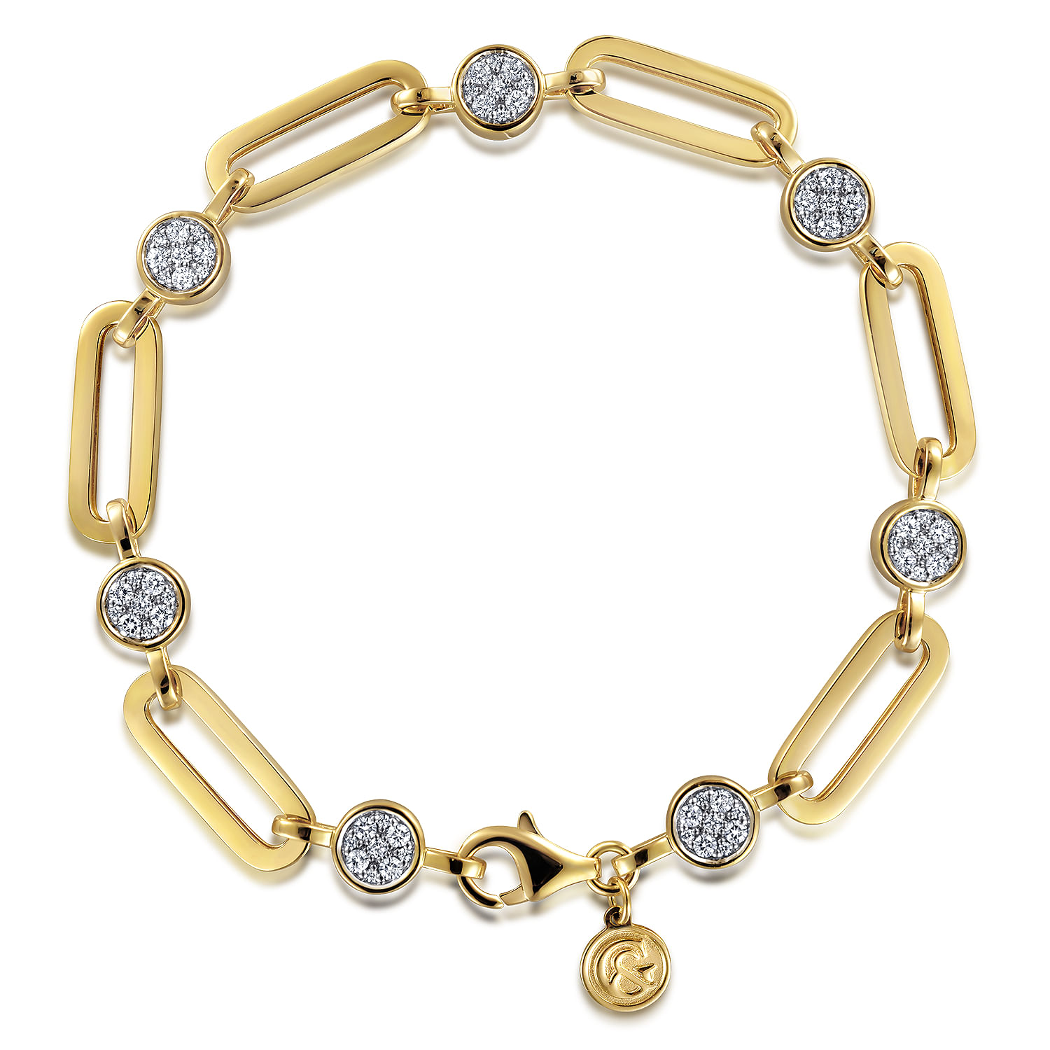 14K Yellow Gold Paperclip Chain Bracelet with Diamond Pave Round Stations