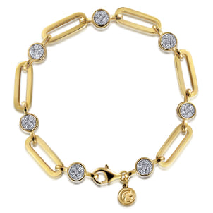 14K Yellow Gold Paperclip Chain Bracelet with Diamond Pave Round Stations