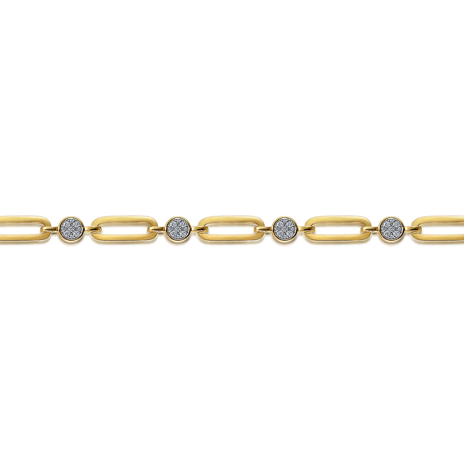 14K Yellow Gold Paperclip Chain Bracelet with Diamond Pave Round Stations