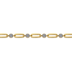 14K Yellow Gold Paperclip Chain Bracelet with Diamond Pave Round Stations