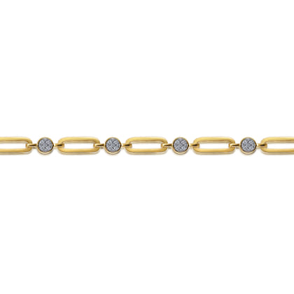 14K Yellow Gold Paperclip Chain Bracelet with Diamond Pave Round Stations