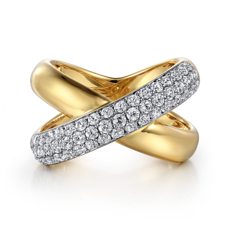 14K Yellow Gold Pave Diamond Criss Cross Ring - 1.05 ct - Shot 1