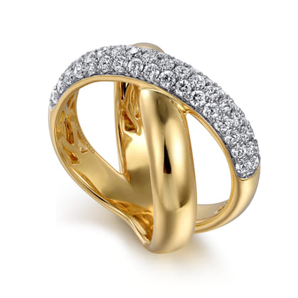 14K Yellow Gold Pave Diamond Criss Cross Ring