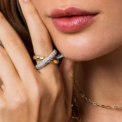 14K Yellow Gold Pave Diamond Criss Cross Ring