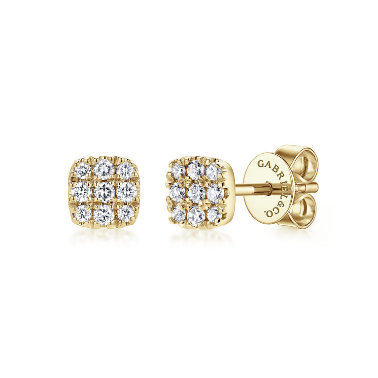 14K Yellow Gold Pave Diamond Cushion Cut Stud Earrings - 0.11 ct - Shot 1