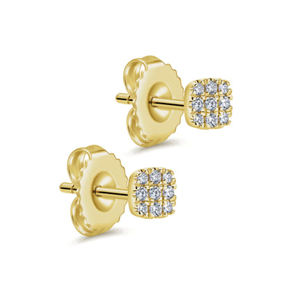 14K Yellow Gold Pave Diamond Cushion Cut Stud Earrings