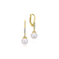 14K Yellow Gold Pave Diamond Pearl Drop Earrings