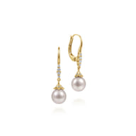 14K Yellow Gold Pave Diamond Pearl Drop Earrings