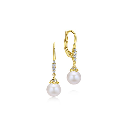14K Yellow Gold Pave Diamond Pearl Drop Earrings