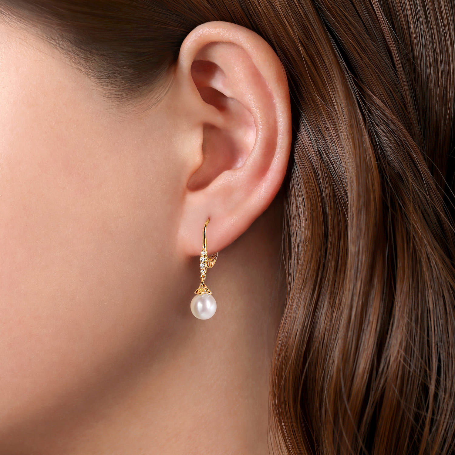 14K Yellow Gold Pave Diamond Pearl Drop Earrings - 0.14 ct - Shot 2