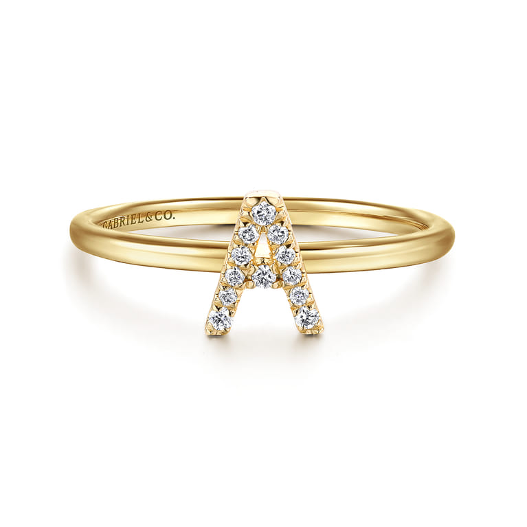 14K Yellow Gold Pave Diamond Uppercase A Initial Ring - 0.06 ct - Shot 1