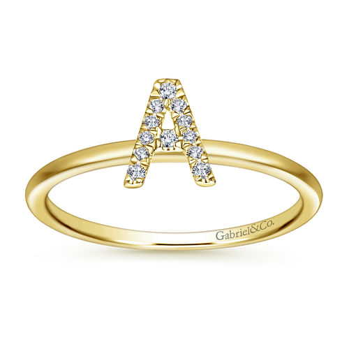 14K Yellow Gold Pave Diamond Uppercase A Initial Ring - 0.06 ct - Shot 4